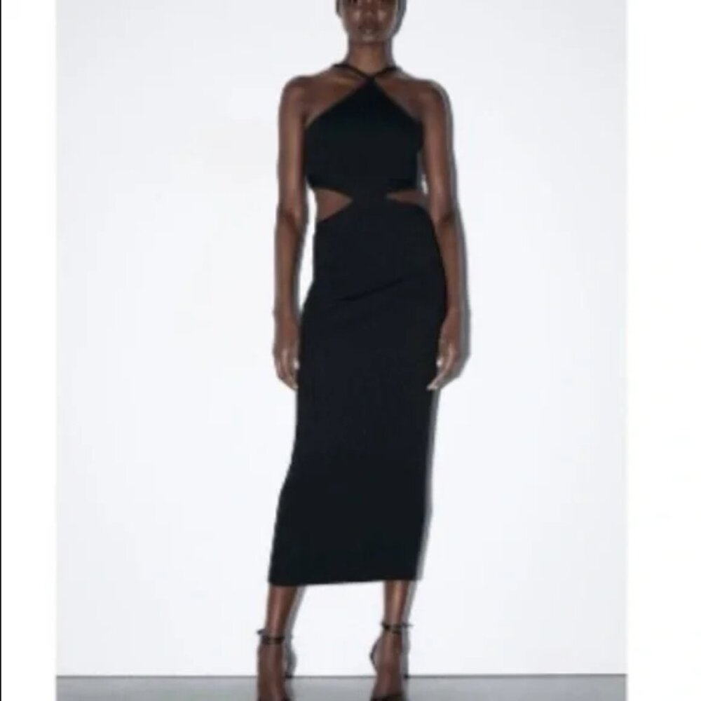 Zara - Halter Cutout Ribbed Midi Dress - Black - Small